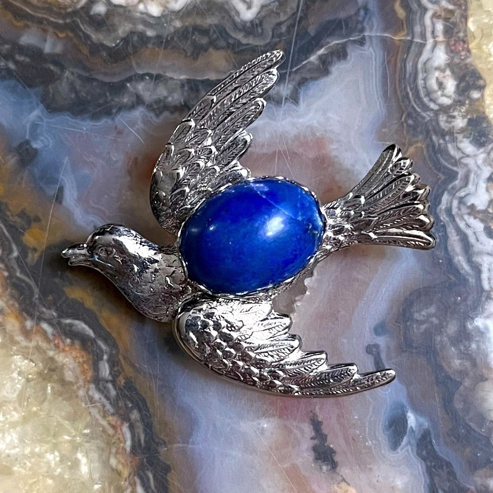 Silver Lapis Bird Vintage 50’s Brooch